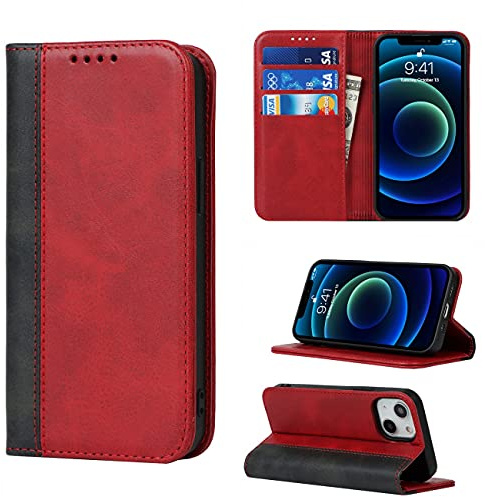 Copmob iPhone 13 Case,Flip Leather Wallet Case,[3 Card Slots][Stand Holder][Magnetic closure],Leather Phone Cover Case for iPhone 13 - Red+Black