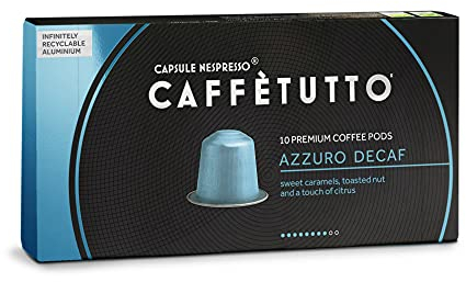 Caffètutto 30 AZZURRO DECAF Italian Nespresso Compatible Coffee Pods - Roasted in Italy, Northern Style, Aromatic, Smooth - (30 Caffetutto Gourmet Aluminium Nespresso Coffee Capsules)