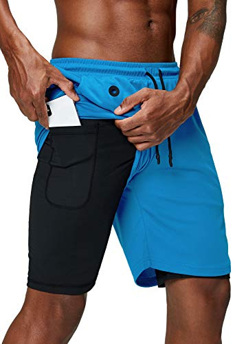 Pinkbomb Men's 2 in 1 Running Shorts Gym Workout Quick Dry Men's Shorts with Phone Pocket, lightblue, 3XL
