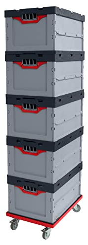 Auer Faltbox 5er Set FB 64/27 mit 1 x roter Rollwagen 60x40x27cm, 56L | Eurobehälter Kunststoffbox Lebensmittelbox Vorratsbehälter Lagerkiste Transportbox Kommissionierbox Box