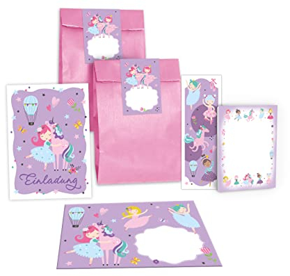 Junapack 12 Einladungskarten zum Kindergeburtstag Mädchen Ballerina mit Einhorn incl. 12 Umschläge, 12 Tüten/rosa, 12 Aufkleber, 12 Lesezeichen, 12 Blöcke