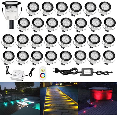 CHNXU 30er Set LED Bodeneinbauleuchte Ø30mm 0.3W Treppen Einbaustrahler DC 12V IP67 Wasserdicht Außen Lampe RGB Farbwechsel Lichter für Garden Küche Decke Holzbrücke Poolbeleuchtung Holzdeck, Schwarz