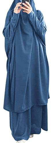 OBEEII Muslimisches Einteiliges Gebetskleid für Damen Islamischer Naher Osten Dubai Türkei Maxi Abaya Kaftan mit Hijab Kleid in voller Länge Muslimische Kleidung Frauen Blau Einheitsgröße