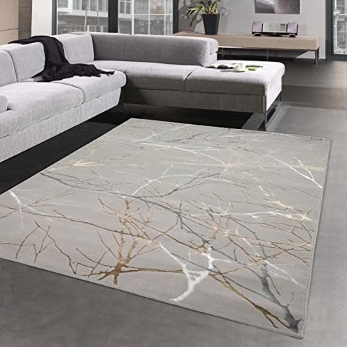 CARPETIA Moderner Schlafzimmer Designerteppich mit glänzenden Ästen abstrakt grau Gold, 200 x 290 cm