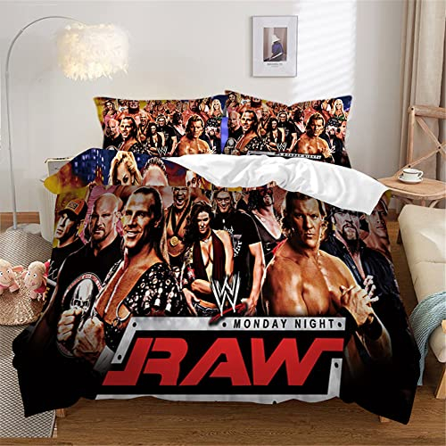 ESAAH 3D WWE Bettwäsche-Sets, 3-teiliges Ultraweiches Bettbezug Set Mit Kissenbezügen, Mikrofaser,Bettbezug Und Kissenbezug (A2,135x200cm+80x80cmx1)