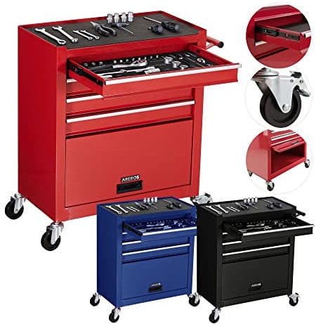 AREBOS Carrello da officina a 4 scomparti | con 81 attrezzi inclusi | carrello portautensili | tappetini antiscivolo | interlock | 2 ruote con freno di stazionamento | Rosso