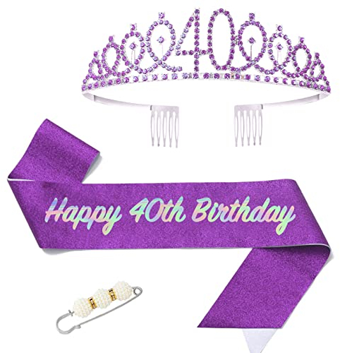 POPOYU 40 Geburtstag Krone und Schärpe,Krone 40. Geburtstag Frauen,40.Geburtstag Tiara Lila,krone 40.,40 Jahre Geburtstag Mädchen Kopfbedeckung für Geburtstagsgeschenk Partyzubehör