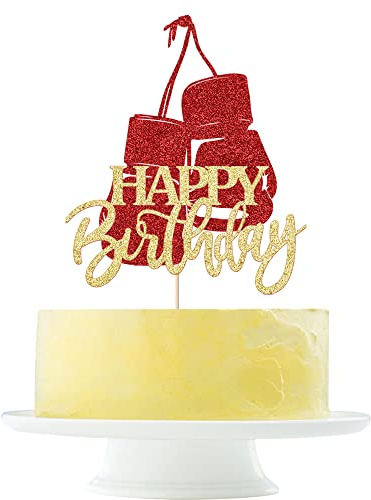 Boxing Theme Happy Birthday Cake Topper, Sports Style Birthday Party Cake Decor, Boxing Glove Sign gold