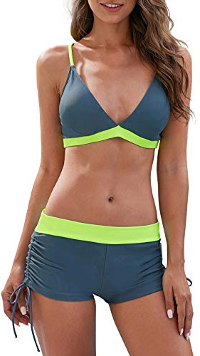 PONCEAU Bikini Damen Set Push Up Verstellbar Bikinioberteil Zweiteiliger Wickel Bikinihose Tiefer V Ausschnitt Oberteil Bikinihose Hotpants Strandkleidung