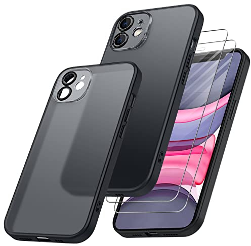 Qasyfanc Matt Handyhülle Kompatibel mit iPhone 11, Hülle mit Kameraschutz und 2 Stück Schutzfolie, Hard PC Nie Vergilbung Case Militärschutz Kratzfest rutschfest Schutzhülle, Leicht Klar Schwarz