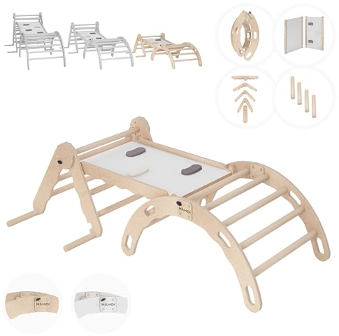 MAMOI® Set Klettergerüst Indoor, Kletterdreieck mit rutsche aus Holz, Kletterbogen, Baby Kinder Klettern, Klettergerüst mit Rutschbrett, Holzbogen für Spielplatz ab 1/2/3 Jahre, Montessori