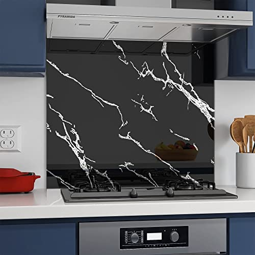 Home Supplies Tempered Glass Splashback for Kitchen, 6mm Toughened Glass Heat Resistant Splashbacks for Cookers (60X60, Black Marble Glass)