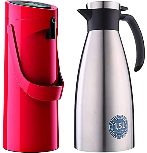 Emsa 515708 Ponza Pump-Isolierkanne, Thermosflasche, 1,9l Füllvolumen, rot, 17 x 16.5 x 39 cm & 514499 Isolierkanne |1,5 Liter | Quick Tip Verschluss, Soft Grip | Edelstahl | schwarz