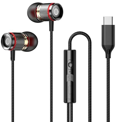 jj-shop24 In-Ear USB-C Kopfhörer Sport Headset BASS für iPhone Huawei Samsung iPad Xiaomi Google USB c mit Kabel und Mikrofon schwarz
