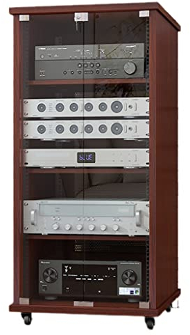 4 Shelf Audio Rack, Media Stand and Components Cabinet, Mobile Enclosed Audio Tower with Adjustable Shelves, Tempered Glass Doors, Cable Management (Brown 56 * 60 * 122cm)