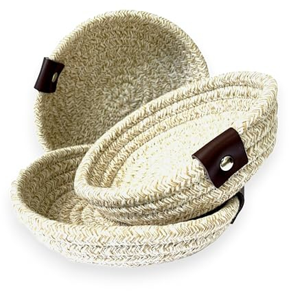 ASTER HOME Set de 6 Cestas de Algodón 100% Natural - Elegancia y Funcionalidad - Conjunto de 6 Cestas Disponible en dos Colores y terminación en Cuero Marrón (Marrón)