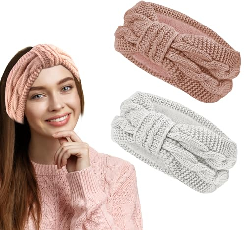 Yuqilin 2 Stück Stirnband Damen Winter, Strick Damen Verdicken Stirnband Fleece Elastizität, für Yoga Workout Vintage Haarschmuck (Rosa/Weiß)