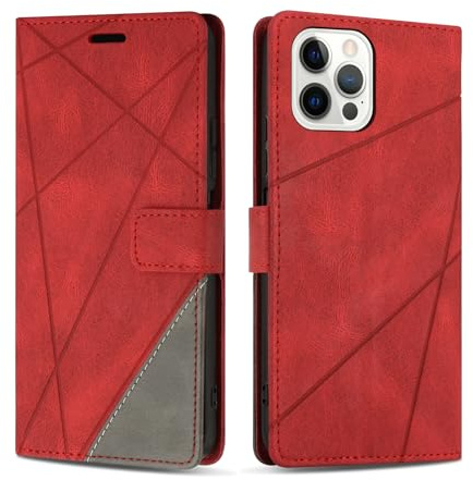 SONWO Premium PU Leather Flip Wallet Case for iPhone 12 / iPhone 12 Pro - Magnetic Closure, Card Slots, Kickstand - Red