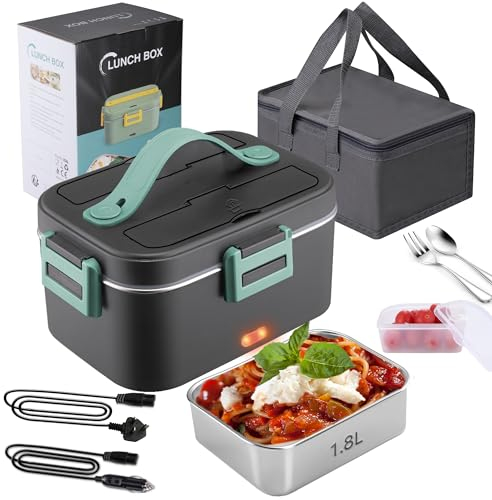 Fitamilia Electric Lunch Box Food Heater 75W Portable Heated Lunch Box for Adults 3 in 1 Portable Food Warmer 220V/12V/24V, with 1,8L Removable Stainless Steel Container&Bag(Green)