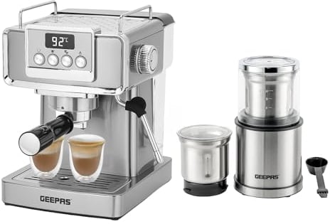 GEEPAS Espresso Coffee Machine & 200W Coffee Grinder Combo Set | 1465W Coffee Maker with Milk Frother | Electric Wet & Dry Food Processor Coffee Mill for Spice Nuts Chutney, 75g Detachable Bowl