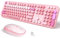 Wireless Keyboard and Mouse, SQMD Colorful Typewriter Retro Keyboard with Round Keycaps, 2.4GHz USB Full-Size Keyboard and Mouse Set for Mac PC Desktop Laptop (Pink Colorful)