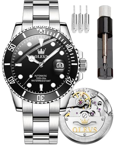 OLEVS Herrenuhr Großes Zifferblatt Datum Wasserdicht Mechanische Uhr Edelstahl Night Glow Luxus Vollautomatische Mechanische Uhr, 6650-Benhei, Modern