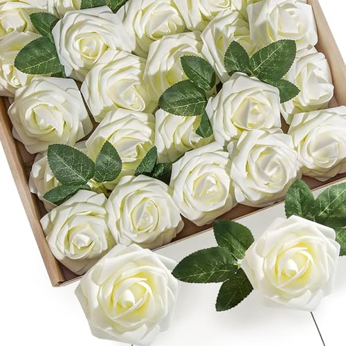 SXCCNW White Roses Artificial Flowers 25 PCS, Foam Roses Bouquet | Realistic White Artificial Roses with Stems for Home Wedding Office Decoration Vase Filler Floral Arrangement