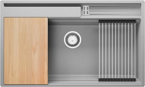 PRIMAGRAN Fregadero Cocina Gris 88x53cm, Granito 1 Seno + Sifón + Accesorios, Sobre encimera al mueble 90cm - Oslo Pocket