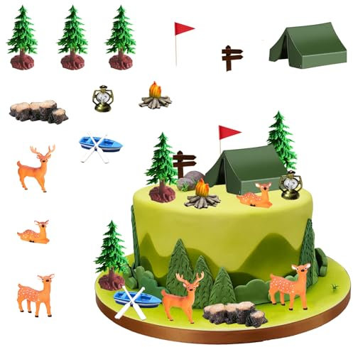 Vezerd Tortendeko Geburtstag, 15 Stück Camping Kuchen Deko Tortenaufleger, Wald Hirsche Thema Happy Birthday Torten deko für Mädchen Junge, Cake Decoration Topper Set für Kinder Party