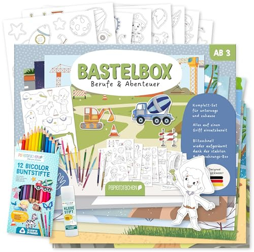 Papierdrachen Bastelbox Berufe & Abenteuer – Komplett-Set -inkl. Stanzbögen u. Hintergründen – 12 Bicolor-Farbstifte - Klebestift - Aufbewahrungsbox - kreatives Lernen