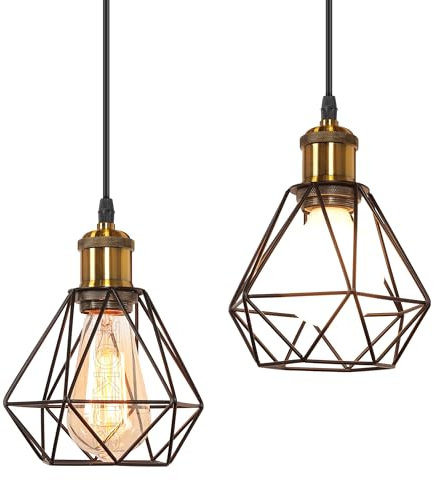 TOKIUS 2 Stücke Hängelampen 16CM Vintage Pendelleuchte im Industrial Design Käfig Schwarz Lampenschirm aus Eisen mit E27 Fassung Messing Retro Lampe für Flur Schlafzimmer (1-flammige Hängeleuchte)