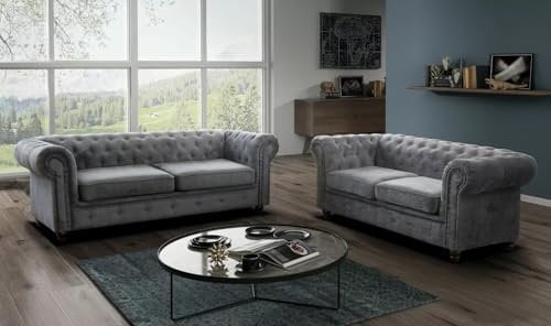 Easy4You Chesterfield Dunkelgrau Velvet Set 3-Sitzer + 2-Sitzer Sofa Sofas für Wohnzimmer Sofagarnituren mit Holzfüße Set Sofas & Couches