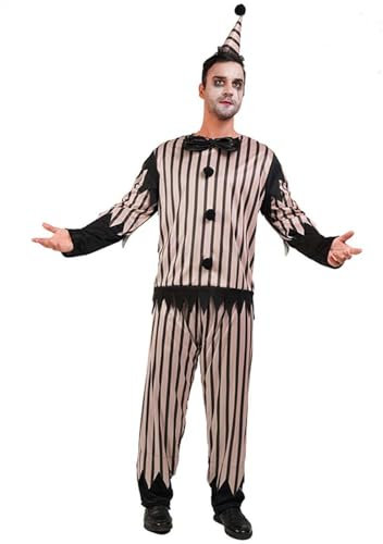 KBOPLEMQ Clown kostüm Herren Art Clown Kostüm Horror Clown, Kostüm Killer Set mit Hut Oberteile Hose Schwarze Schwarz Weiß Jumpsuit, Terrifier Clown Cosplay Karneval Party Halloween Kostüm