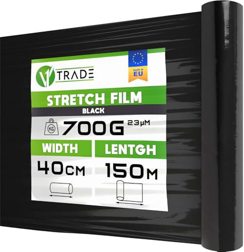 V1 Trade Stretchfolie Schwarz - Folie für Möbel - Hand Umzugfolie 150m x 40 cm - Stretchfolienrolle Schwarzfolie 23my - Verpackungsfolie auf Rolle - Wickelfolie - Umzugsfolie Dehnung 250%