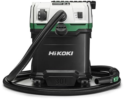 Hikoki Nass- und Trockensauger - 1200 W, 30 L, H-Klasse, Kompakt und Leicht, Manuelle Filterreinigung, Steckdose für Elektrowerkzeuge, Antistatisch - Ideal für Baustellen und Werkstätten