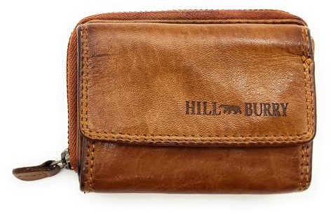 Kompakte Geldbörse aus echtem Leder für Damen & Herren – kleines Portemonnaie mit RFID-Schutz, 2 Geldscheinfächer, Reißverschluss-Münzfach, echtes Leder (Waschleder Cognac)