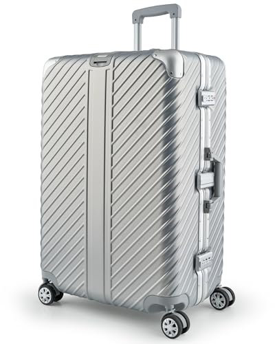 LETTOO 110L Hartschalenkoffer mit Alu-Rahmen | Reisekoffer mit Rollen - Extrem Stabiler Trolley Koffer mit Laptoptaschen-Befestigung [WASSERGESCHÜTZT] mit Eckenschutz (Silber, Groß 29 Zoll)