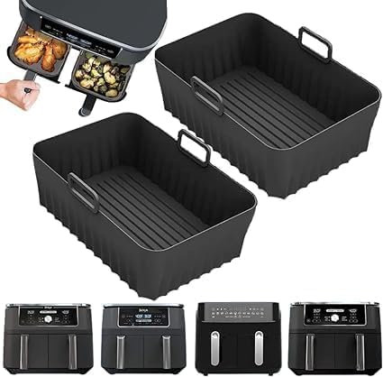 Silicone Air Fryer Liner 2-Pack for Ninja Duel AF451UK/AF400UK 9.5L /Tower T17088/Instant Vortex/Salter and 8.5-9.5 Litre Dual Air Fryers, Ninja Double Stack Compatible Dishwasher Safe, BPA-Free,