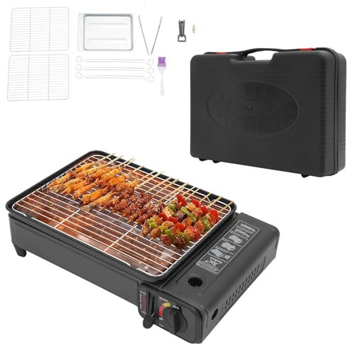ACROSSPART Petit barbecue à gaz portable avec filet et valise - Barbecue de table à gaz d'extérieur pour camping, voyage, trekking - 42 x 26 x 11 cm
