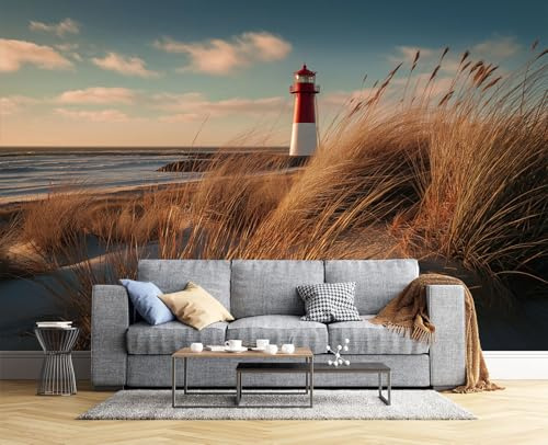3D Tapete Wanddeko - Tan Fototapete 3D Effekt - Tapete Für Wohnzimmer Schlafzimmer Wandtapete - Strandschilf Fototapeten - Vintage Leuchtturm Motiv - 150X105Cm