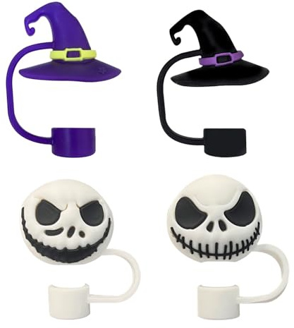 4Pcs Halloween Stanley Cup Straw Cover 10mm 0.4in Reusable Drinking Straw Toppers Witch Hat Ghost Straw Tip Covers Halloween Design Silicone Straws Protector Funny Cup Decorations Supplies