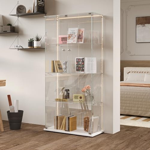RXMORI Vitrine aus Glas mit LED, Schrank für Sammlung, transparent, Vitrine, Glas, mit Türen mit Schloss und 4 Regalen, Vitrinen für Wohnzimmer Bar (LED-Licht, Weiß (2 Türen)