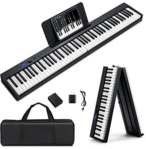 FHRKA Piano Digitale Pieghevole a 88 Tasti, Tastiera Semipesata a Grandezza Reale con Midi, Pianoforti Elettrici Portatili per Principianti (Black)