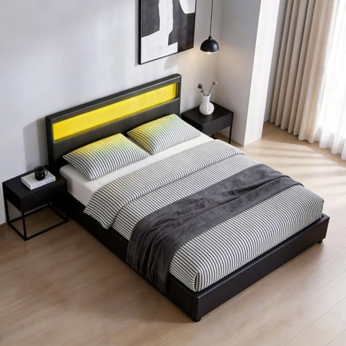 Senvoziii LED Bed Frame Ottoman Gas Lift Up Bed 4ft Small Double Size Faux Leather Storage Bed Frame Teenagers, Black (No Mattress)
