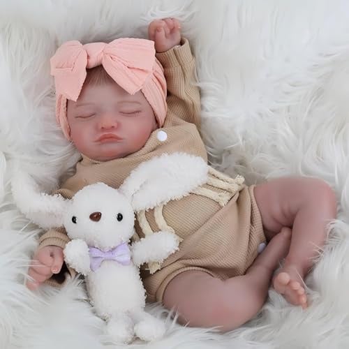 JUYOUYI 45,7 cm schlafende Reborn-Babypuppe, realistische Neugeborenen-Babypuppe mit Vinyl-Körper, handgefertigte, lebensechte waschbare Körpereigenschaften, für Kinder ab 3 Jahren (Rosalie Yellow)