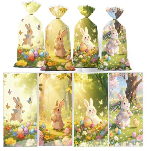 150 Stück Geschenktüten Ostern mit Süßen Hasen Motiven | Große Tüten Ostern für Süßigkeiten Plätzchen Gebäck | Bunte Mitgebsel Tüten für Osterfest Schule Beutel 12,5 x 27 cm Ostertüte