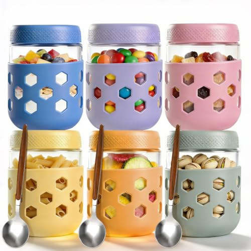 LDXDRU 6PCS 480ml Glass Overnight Oats Jar, Oats Container with Spoon