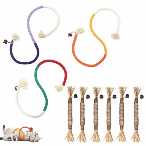 ANYUANKW 9 Pezzi Giochi per Gatti 3 Corda da Mordere 70cm 6 Bastoncini Erba | Gatta Giocattolo da Masticare Interattivi per Pulire La Bocca Cura dentale