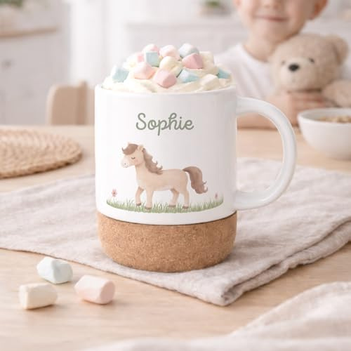 hellomini Personalisierte Tasse mit Korkboden für Kinder, Kindertasse mit Wunschdruck, Kinderbecher mit Namen, Geschenk zum Geburtstag, (Pferd)