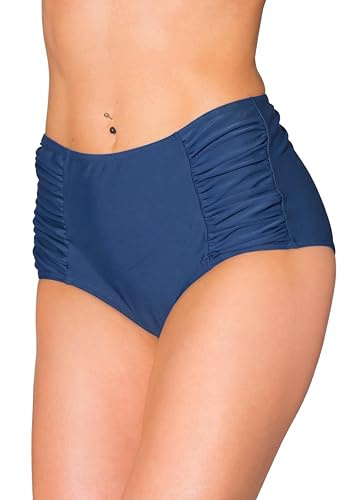 Aquarti Bikinihose Damen mit Hoher Taille und Raffung, Dunkel Jeansblau, 44